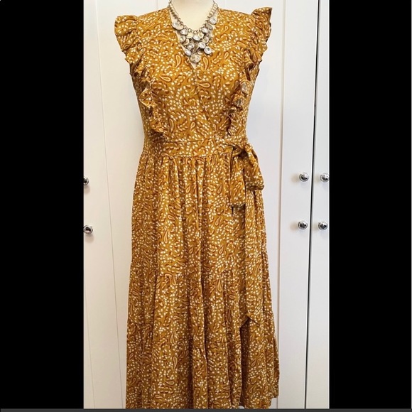 Dresses & Skirts - Side Wrap Midi Dress With Tie And Printed Golden Yellow Material Sz XS NEW!